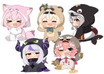  >_< 5girls ;d =_= animal_costume animal_ears bird_costume black_streaks blonde_hair blue_eyes blush braid braided_bangs cat_ears character_costume chibi chibi_only commentary_request crow_(la+_darknesss) double-parted_bangs fang full_body ganmo_(takane_lui) grey_hair hakui_koyori hololive holox innertube inu_(sakamata_chloe) kazama_iroha kokoro_(hakui_koyori) la+_darknesss multi-source_commentary multicolored_hair multiple_girls one_eye_closed onesie orca_costume pink_hair pokobee purple_streaks raccoon_costume red_eyes sakamata_chloe simple_background single_hair_streak sitting smile streaked_hair swim_ring takane_lui tanuki_costume twumi virtual_youtuber white_background wolf_costume yellow_eyes 
