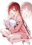  030_bv 1girl absurdres akane_lize arm_cutout asymmetrical_sidelocks bandaid bandaid_on_knee bandaid_on_leg bandaid_on_thigh bare_legs barefoot black_bow blonde_streaks blunt_bangs blush bow breasts cleavage closed_eyes clothing_cutout collarbone commentary_request covering_own_mouth from_side full_body grey_eyes hair_ornament hairband hairclip half-closed_eye hand_over_own_mouth highres holding hug hugging_object jacket korean_commentary long_hair long_sleeves mole mole_under_eye multicolored_hair one_eye_closed open_mouth pillow pillow_hug pink_jacket red_hair red_hairband sidelocks simple_background sitting sleepwear sleepy solo spread_fingers stellive streaked_hair teeth upper_teeth_only very_long_hair virtual_youtuber white_background yawning yokozuwari zoom_layer 