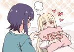  2girls ahoge black_hair blonde_hair blush cho_kaguya-hime! commentary green_eyes heart hugging_object kaguya_(cho_kaguya-hime!) long_sleeves looking_at_another lying medium_hair multiple_girls nekotoufu on_back open_mouth pillow pillow_hug red_eyes sakayori_iroha sweatdrop upper_body yes yes-no_pillow yuri 