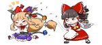  2girls ball_and_chain_restraint beans blonde_hair bow bowtie brown_eyes brown_hair brown_horns chain closed_eyes closed_mouth commentary_request detached_sleeves fang frilled_bow frilled_hair_tubes frills gourd hair_bow hair_tubes hakurei_reimu highres horn_ornament horn_ribbon horns ibuki_suika long_hair mamemaki masu multiple_girls oni open_mouth purple_skirt red_bow red_bowtie red_skirt ribbon ribbon-trimmed_sleeves ribbon_trim setsubun shirt skirt skirt_set smile throwing touhou very_long_hair wakame_oekaki white_shirt 