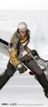  1boy :/ absurdres black_gloves black_pants chinese_commentary closed_mouth commentary_request copyright_name copyright_notice crew_cut fighting_stance glasses gloves grey_background grey_jacket highres holding holding_weapon jacket legs_apart logo looking_at_viewer male_focus official_art orange-tinted_eyewear pants shirt short_hair solo standing tinted_eyewear v-shaped_eyebrows weapon white_hair white_shirt xinyue_tongxing zhongyuan_(xinyue_tongxing) 