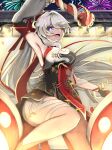  1girl aerial_fireworks armpits black_dress blue_eyes breasts commentary_request diamond-shaped_pupils diamond_(shape) dress fireworks fuji4o highres holding honkai_(series) honkai_impact_3rd kiana_kaslana kiana_kaslana_(ba-dum!_fiery_wishing_star) large_breasts long_hair looking_at_viewer ponytail smile solo symbol-shaped_pupils thighs very_long_hair white_hair 