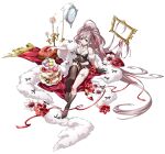  1girl absurdly_long_hair arm_support asymmetrical_legwear bare_shoulders big_hair black_bustier black_gloves black_ribbon black_skirt breasts bustier candelabra candle candlelight candlestand choker circlet cleavage closed_mouth cookie covered_navel cupcake dessert donut earrings empty_picture_frame eshean_(langrisser) feather_boa fire fishnet_thighhighs fishnets floating floating_object flower food frown full_body fur_shawl fur_trim game_cg gloves gold_trim green_eyes hair_flowing_over hair_ornament hair_ribbon hair_spread_out high_heels high_ponytail highres jewelry knee_up lace-trimmed_thighhighs lace_trim langrisser langrisser_mobile legs lingerie long_hair looking_at_viewer looking_up macaron medium_breasts midriff miniskirt mirror necklace no_shoes official_alternate_costume official_art pastry patterned_legwear pearl_hair_ornament pearl_necklace picture_frame pillow pink_hair ponytail red_flower red_pillow red_ribbon red_shawl red_shoes revealing_clothes ribbon see-through_clothes shawl shoes sidelocks simple_background single_glove single_thighhigh sitting skirt smoke smoke_trail solo sweets tachi-e tassel thighhighs thighlet thighs third-party_source tiered_tray transparent_background underwear uneven_legwear unworn_shoes v-shaped_eyebrows very_long_hair white_flower white_shawl 