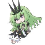  2girls asymmetrical_gloves barefoot black_gloves chibi claw_ring closed_mouth coat commentary_request crown gloves green_eyes honkai_(series) honkai_impact_3rd klein_(honkai_impact) lab_coat long_hair mismatched_gloves mobius_(honkai_impact) mokkyo_(motkyo) multiple_girls purple_eyes simple_background single_sleeve slit_pupils smile toes white_background white_coat white_sleeves 