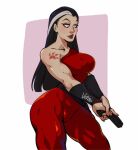  1girl artist_name batman:_the_animated_series batman_(series) black_hair blue_eyes bodysuit breasts commentary dc_comics english_commentary gun highres holding holding_gun holding_weapon large_breasts long_hair multicolored_hair pink_background red_bodysuit red_claw_(dc) shoulder_tattoo signature sleeveless sleeveless_bodysuit solo streaked_hair tattoo two-tone_background vero weapon white_background white_streaks 