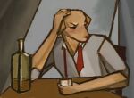 alcohol alcohol_bottle anthro beverage beverage_bottle blush bottle canid canine canis chair clothing container domestic_dog drunk eyebrows fur furniture glass hand_on_head holding_glass holding_object inside male mammal narrowed_eyes necktie on_chair red_necktie reynard_goodfellow shirt sitting sitting_on_chair solo substance_intoxication table topwear vodka yellow_body yellow_fur