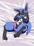  bedding black_fur blue_fur blush canine fur holding_penis lucario lying male mammal masturbation nintendo on_back one_eye_closed open_mouth penis pok&eacute;mon pok&eacute;mon_(species) precum red_eyes solo sweat tan_fur video_games 漁港 