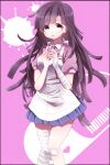  1girl apron bandaged_arm bandaged_hand bandaged_leg bandages bandaid bandaid_on_knee bandaid_on_leg blue_skirt collared_shirt commentary_request cowboy_shot danganronpa_(series) danganronpa_2:_goodbye_despair eyelashes long_hair mole mole_under_eye open_mouth pink_background pink_shirt purple_eyes purple_hair shine5s shirt short_sleeves skirt solo splatter tsumiki_mikan white_apron 