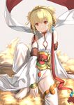  andira_(granblue_fantasy) animal_ears bad_id bad_pixiv_id barefoot blonde_hair closed_mouth commentary_request detached_leggings detached_sleeves dress earrings eyebrows_visible_through_hair fur_trim granblue_fantasy jewelry knee_up leotard looking_at_viewer monkey_ears red_eyes sash short_hair sitting smile solo toenails wasabi60 white_dress white_leotard 