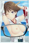  ;) absurdres armpits arms_up blue_eyes blue_sky breasts brown_hair character_name collarbone day detached_sleeves eyebrows_visible_through_hair hand_in_hair hiei_(kantai_collection) highres japanese_clothes kanden_suki kantai_collection kimono medium_breasts nipples non-web_source nontraditional_miko ocean one_eye_closed outdoors remodel_(kantai_collection) ribbon-trimmed_sleeves ribbon_trim scan short_hair sky sleeveless sleeveless_kimono smile solo sunlight upper_body white_kimono x-ray 