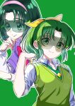  2girls absurdres akimoto_komachi closed_mouth color_connection commentary dress_shirt green_background green_eyes green_necktie green_sweater_vest green_theme hair_color_connection hair_ribbon hairband hand_in_own_hair highres in-franchise_crossover l'ecole_des_cinq_lumieres_school_uniform layered_sleeves long_sleeves looking_at_viewer looking_to_the_side loose_necktie medium_hair midorikawa_nao multiple_girls nanairogaoka_middle_school_uniform necktie outline pink_hairband ponytail precure ribbon school_uniform shirt short_hair short_over_long_sleeves short_sleeves sleeves_rolled_up smile smile_precure! spill_(naru) sunglasses sweater_vest white_outline white_shirt yellow_ribbon yes!_precure_5 