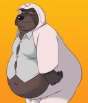 anthro belly big_belly canid canine canis chin_tuft claws clothing double_chin exposed_belly facial_tuft finger_claws fur glaring_at_viewer grey_body grey_fur head_tuft hi_res huge_belly looking_at_viewer male mammal moobs navel obese obese_anthro obese_male onesie overweight overweight_anthro overweight_male pajamas pokelai portrait sheep_costume sheriff_of_nottingham solo teeth_showing three-quarter_portrait tight_clothing tuft wolf zipper