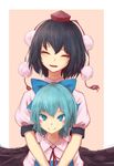  black_hair blue_bow blue_eyes blue_hair bow cirno closed_eyes commentary_request hair_bow hat hug hug_from_behind looking_at_viewer multiple_girls neck_ribbon open_mouth pom_pom_(clothes) puffy_short_sleeves puffy_sleeves red_neckwear red_ribbon ribbon roke_(taikodon) shameimaru_aya shirt short_sleeves smile tassel tokin_hat touhou upper_body white_shirt 