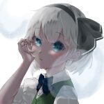  1girl black_bow black_bowtie black_hairband blue_eyes bow bowtie bud_tsubomi collared_shirt commentary_request green_vest grey_hair hairband hashtag-only_commentary highres hitodama konpaku_youmu konpaku_youmu_(ghost) looking_at_viewer open_mouth portrait shirt simple_background solo touhou vest white_background white_shirt 