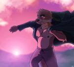 2021 5_fingers anthro atmac atmac_(character) attack_on_titan blue_eyes bottomwear brown_body brown_claws brown_eyebrows brown_fur brown_nipples brown_nose cel_shading claws clothing detailed_background digital_drawing_(artwork) digital_media_(artwork) eyebrows fingers fur hi_res hoodie inner_ear_fluff looking_forward male mammal mustelid navel nipples otter pants river_otter shaded solo standing sunrise sweatpants tan_inner_ear_fluff teeth topwear tuft whisker_spots whiskers white_sclera