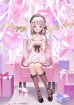  1girl :d absurdres artist_request balloon beret birthday black_hat black_shoes black_socks blush box braid chair chinen_seira collarbone commentary_request dress frilled_dress frilled_socks frills full_body gift gift_box hair_ornament hairclip hands_up happy_birthday hat heart_balloon heterochromia high_heels highres interlocked_fingers knees long_hair looking_at_viewer on_chair parallel_hairclips pink_dress platform_heels purple_eyes rabbit red_eyes ribbon see-through_clothes see-through_sleeves see-through_socks shoes side_braid sitting smile socks solo specialite_(company) virtual_youtuber white_hair white_ribbon 