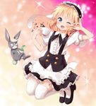  ;d apron blonde_hair blue_eyes bunny center_frills coffee cup fleur_de_lapin_uniform floppy_ears frilled_apron frilled_hairband frills full_body gochuumon_wa_usagi_desu_ka? hairband kirima_sharo looking_at_viewer one_eye_closed open_mouth puffy_short_sleeves puffy_sleeves ruu_(tksymkw) short_hair short_sleeves smile solo teacup thighhighs v_over_eye waist_apron waitress white_apron white_legwear wild_geese 