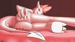  2016 anthro anus bed butt dmann892 dragon fizzle_(mlp) friendship_is_magic hair looking_at_viewer lying male my_little_pony nude on_side open_mouth pink_body pink_eyes pink_hair presenting presenting_hindquarters solo white_body 