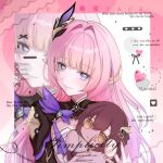  1girl black_shrug blue_eyes breasts character_doll chinese_commentary cleavage commentary_request commission corset doll eden_(honkai_impact) elf elysia_(honkai_impact) elysia_(miss_pink_elf)_(honkai_impact) english_text hair_ornament heart highres holding holding_doll honkai_(series) honkai_impact_3rd large_breasts long_hair pointy_ears shrug_(clothing) smile solo very_long_hair watermark white_corset yaue zoom_layer 