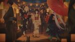  3girls absurdres aerial_fireworks ahoge black_hair blue_kimono blush bracelet brown_eyes cat child cho_kaguya-hime! commentary_request fireworks floral_print flower geta green_eyes hair_rings highres holding holding_umbrella japanese_clothes jewelry kaguya_(cho_kaguya-hime!) kimono lantern long_hair long_sleeves mole mole_under_eye multiple_girls nandaobeiyu oil-paper_umbrella open_mouth people runami_yachiyo sakayori_iroha short_hair_with_long_locks sidelocks sunflower_print twintails umbrella walking white_hair wind_chime yukata 