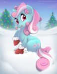  candy candy_cane christmas christmas_lights detailed_background earth_pony equine female feral food fur green_fur hair holidays horse looking_at_viewer mammal minty_(mlp) my_little_pony night nyaasu one_leg_up outside pink_eyes pink_hair pony santa_shoes sitting snow solo star tree 
