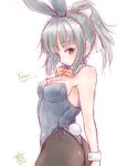  1girl alternate_costume animal_ear_hairband animal_ears ass black_leotard black_pantyhose blunt_bangs bow bowtie breasts brown_eyes character_name commentary_request cowboy_shot detached_collar fake_animal_ears grey_hair hairband kantai_collection koshigaya_tatsumi leotard long_hair medium_breasts one-hour_drawing_challenge orange_bow orange_bowtie pantyhose playboy_bunny rabbit_ears rabbit_tail side-tie_leotard simple_background solo standing strapless strapless_leotard tail thong_leotard white_background wrist_cuffs yuubari_(kancolle) 