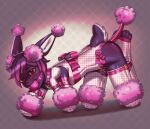 anthro arh ball_gag balls bdsm bitchsuit blush bondage bondage_gear bound chastity_cage chastity_device clothing collar costume feminization gag genitals hi_res highlights_(coloring) lagomorph leporid male mammal pawpads plug_(sex_toy) rabbit ribbons sex_toy solo straps