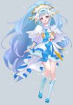  8041mm blue_eyes blue_footwear blue_hair boots capelet cure_ange dress earrings full_body grey_background hair_ornament head_wings hugtto!_precure jewelry knee_boots long_hair looking_at_viewer magical_girl precure simple_background smile solo standing white_capelet white_dress wrist_cuffs yakushiji_saaya 