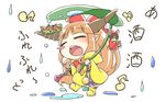  &gt;_&lt; bangs blunt_bangs blush_stickers boots chain chibi closed_eyes commentary_request eighth_note frog full_body hakurei_reimu holding horns htk_mikan ibuki_suika leaf leaf_umbrella lily_pad long_hair musical_note orange_hair rain raincoat rubber_boots skirt solo teruterubouzu touhou walking wrist_cuffs 