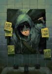  1boy :| bag bathroom black_hair closed_mouth commentary_request cry_of_fear english_text grey_hoodie gun gun_to_head half-closed_eye handgun holding holding_gun holding_weapon hood hood_up hoodie indoors male_focus mirror namidaliule partially_shaded_face reflection reflection_focus short_hair shoulder_bag simon_henriksson solo sticky_note sweatdrop tile_wall tiles upper_body weapon 
