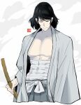  1boy absurdres bare_pectorals black_eyes black_hair closed_mouth collarbone commentary_request cropped_legs expressionless grey_kimono hakama highres holding holding_sword holding_weapon ishikawa_goemon_xiii japanese_clothes kimono looking_at_viewer lupin_iii male_focus mohimohinosiri pectorals sarashi solo sword toned toned_male weapon 