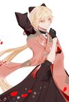  alternate_costume black_gloves blonde_hair bow braid breasts chinese chinese_commentary choker closed_mouth commentary dow elbow_on_arm eyebrows_visible_through_hair eyes_visible_through_hair floating_hair floral_print flower from_side girls_frontline gloves hair_between_eyes hair_bow hair_ribbon hakama hakama_skirt half_gloves hand_up high-waist_skirt highres japanese_clothes long_hair looking_at_viewer medium_breasts ots-14_(girls_frontline) petals ribbon simple_background skirt smile solo string thighhighs very_long_hair weapon_bag white_background wide_sleeves wind wind_lift yellow_eyes 