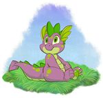  claws cute friendship_is_magic grass green_eyes green_scales male my_little_pony outside pawpads paws purple_scales reaction_image scales scalie simple_background sitting sky solo spade_tail spike_(mlp) thiscrispykat 