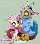  2017 antlers blue_feathers clothing cutie_mark discord_(mlp) draconequus duo equine facial_hair fangs feathered_wings feathers female feral fluttershy_(mlp) friendship_is_magic goatee hair hooves horn male mammal my_little_pony pegasus pink_hair red_eyes simple_background stepandy sweater teal_eyes wings yellow_feathers yellow_sclera 
