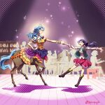  4boys 5girls ahoge armpits bar_(place) bare_shoulders black_boots blue_hair blue_skirt boots bracelet breasts centaur chair cleavage closed_mouth collarbone commentary_request dancing dog_boy full_body furry furry_male green_vest hair_between_eyes hand_on_own_hip highres holding holding_hands hooves horse_tail indoors instrument jewelry knee_boots layered_skirt long_hair long_sleeves looking_at_another low_ponytail medium_breasts monster_girl multiple_boys multiple_bracelets multiple_girls multiple_legs music open_clothes open_mouth open_vest original outstretched_arm piano pink_skirt playing_instrument playing_piano ponytail profile purple_eyes shadow shelf shirayujk shirt sidelocks skirt small_breasts smile spotlight standing standing_on_one_leg strapless strapless_shirt table tail taur twitter_username vest white_shirt yellow_shirt 