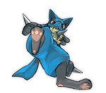  3_toes ambiguous_gender black_fur blue_fur canine fur looking_at_viewer looking_down low-angle_view lucario mammal nintendo pawpads paws pink_pawpads pok&eacute;mon pok&eacute;mon_(species) red_eyes solo tan_fur toes video_games worm&#039;s-eye_view はんでび 