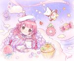  1girl animal artist_request beret blunt_bangs bow bowtie brown_eyes candy candy_hair_ornament cat cherry chibi chinese_commentary cloak closed_eyes closed_mouth clothed_animal commentary copyright_name cross-laced_clothes cross-laced_sleeves cupcake donut dot_nose ear_covers earrings food food-themed_hair_ornament frilled_shirt frilled_skirt frilled_sleeves frills fruit hair_ornament hand_on_own_cheek hand_on_own_face happy hat hexagram highres hood hood_up hooded_cloak infinity_nikki jewelry light_blush light_particles long_hair long_skirt long_sleeves looking_at_viewer low_twintails lying momo_(nikki) neck_ribbon nikki_(nikki) nikki_(series) official_alternate_color official_art on_cloud on_stomach pink_hair pink_ribbon puffy_long_sleeves puffy_sleeves purple_ribbon purple_skirt red_bow red_bowtie ribbon ribbon_earrings second-party_source shirt short_twintails skirt skirt_bow sleeves_past_wrists smile star_(symbol) star_earrings striped_clothes striped_skirt tareme the_fifth_flavor_(infinity_nikki) traditional_bowtie twintails wavy_hair whiskers white_cat white_hat white_shirt yellow_cloak 