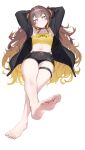  1girl absurdres anya_melfissa armpits arms_behind_head barefoot blonde_hair brown_hair choker crop_top feet flat_chest foreshortening full_body gradient_hair highres hololive hololive_indonesia jacket long_hair midriff multicolored_hair navel purple_eyes second-party_source shorts simple_background smile solo thigh_strap toes very_long_hair virtual_youtuber white_background yoellim5 