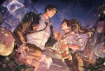  1boy 1girl aerial_fireworks balloon brown_hair brown_skirt choker couple daoqian_nu earrings eyelashes fireworks gem glasses green_gem hetero highres holding_hands jacket jewelry long_sleeves looking_at_another night off-shoulder_shirt off_shoulder open_mouth original parted_bangs ponytail profile shirt short_hair skirt sky teeth tongue upper_teeth_only 