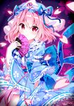  absurdres artist_name blush cherry_blossoms closed_mouth eyebrows_visible_through_hair fan highres holding holding_fan looking_at_viewer pink_eyes pink_hair saigyouji_yuyuko short_hair short_sleeves shu_(pjxv7485) signature smile solo touhou 