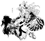  2girls apron bow dress emilico_(shadows_house) flower gyogyo_hjj hair_bow hair_flower hair_ornament hand_on_another's_cheek hand_on_another's_face hatching_(texture) highres kate_(shadows_house) medium_dress monochrome multiple_girls shadows_house shoes short_dress silhouette translation_request two_side_up 