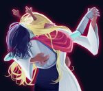  1girl 1other absurdres alien_stage animal_ears antlers armor black_background blonde_hair blue_hair blue_skin cape chocacherry colored_skin commentary dancing deer_antlers deer_ears deer_girl deltarune derivative_work english_commentary gauntlets hand_on_another's_back highres holding_hands horns jewelry kris_(dark_world)_(deltarune) kris_(deltarune) long_hair noelle_holiday noelle_holiday_(dark_world) other_with_female pink_cape ring robe thorn_ring_(deltarune) utdr_(toby_fox) weird_route_(deltarune) white_robe 