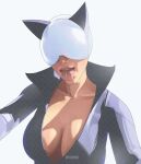  1girl absolute_batman absolute_dc absurdres animal_ear_helmet animal_helmet batman_(series) black_bodysuit bodysuit breasts cat_helmet catsuit catwoman cleavage_cutout clothing_cutout dark-skinned_female dark_skin dc_comics drawink highres large_breasts leather_suit mask naughty_face open_mouth smile solo teeth tongue tongue_out 