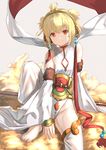  andira_(granblue_fantasy) animal_ears barefoot blonde_hair closed_mouth commentary_request detached_leggings detached_sleeves dress earrings eyebrows_visible_through_hair fur_trim granblue_fantasy jewelry knee_up leotard looking_at_viewer monkey_ears red_eyes revision sash short_hair sitting smile solo toenails wasabi60 white_dress white_leotard 