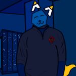1:1 2026 anonymous_artist anthro big_ears clothing e621 esix felid female jeffrey_epstein logo_on_clothing mammal mascot server server_room solo sweater tail topwear