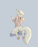 anthro barely_visible_genitalia barely_visible_vulva blue_eyes bottomless canid canine clothed clothing digitigrade feet female fox fur garbagegarage genitals hi_res hoodie hoodie_only mammal paws rear_view simple_background sitting solo topwear topwear_only vulva white_body white_fur
