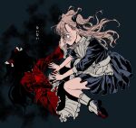  2girls apron blonde_hair blue_dress blue_eyes blue_shoes bow commentary_request dress emilico_(shadows_house) flower gyogyo_hjj hair_bow hair_flower hair_ornament hand_on_another's_cheek hand_on_another's_face hatching_(texture) highres kate_(shadows_house) korean_commentary medium_dress multiple_girls red_dress red_shoes shadows_house shoes short_dress silhouette translation_request two_side_up white_apron 