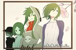  black_eyes child flower green_hair hat highres hood hoodie kagerou_project kido_tsubomi long_hair multiple_persona older petals rozu_ki shissou_word_(vocaloid) short_hair song_name 