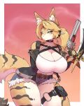 1girl absurdres animal_ear_fluff animal_ears animal_nose belt belt_buckle black_gloves black_jacket black_streaks blonde_hair body_fur border breasts buckle cat_ears cat_girl cat_tail choker cleavage criss-cross_straps crop_top cutoffs facial_mark fingerless_gloves furry furry_female gloves green_eyes gun highres holding holding_gun holding_weapon jacket large_breasts larsspawn long_hair multicolored_hair o-ring o-ring_thigh_strap orange_background outside_border parted_hair ponytail pouch pulchra_fellini shirt shorts smoke smoke_trail snout solo streaked_hair tail tank_top thigh_pouch thigh_strap two-tone_fur weapon white_border white_fur white_shirt yellow_fur zenless_zone_zero 