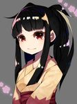  1girl artist_request black_hair breasts child eyebrows_visible_through_hair female flower grey_background japanese_clothes kimono long_sleeves looking_at_viewer mawile obi personification pink_flower pink_rose pokemon pokemon_(game) pokemon_rse ponytail red_eyes rose sash simple_background small_breasts smile solo tied_hair two-tone_background upper_body v_arms 